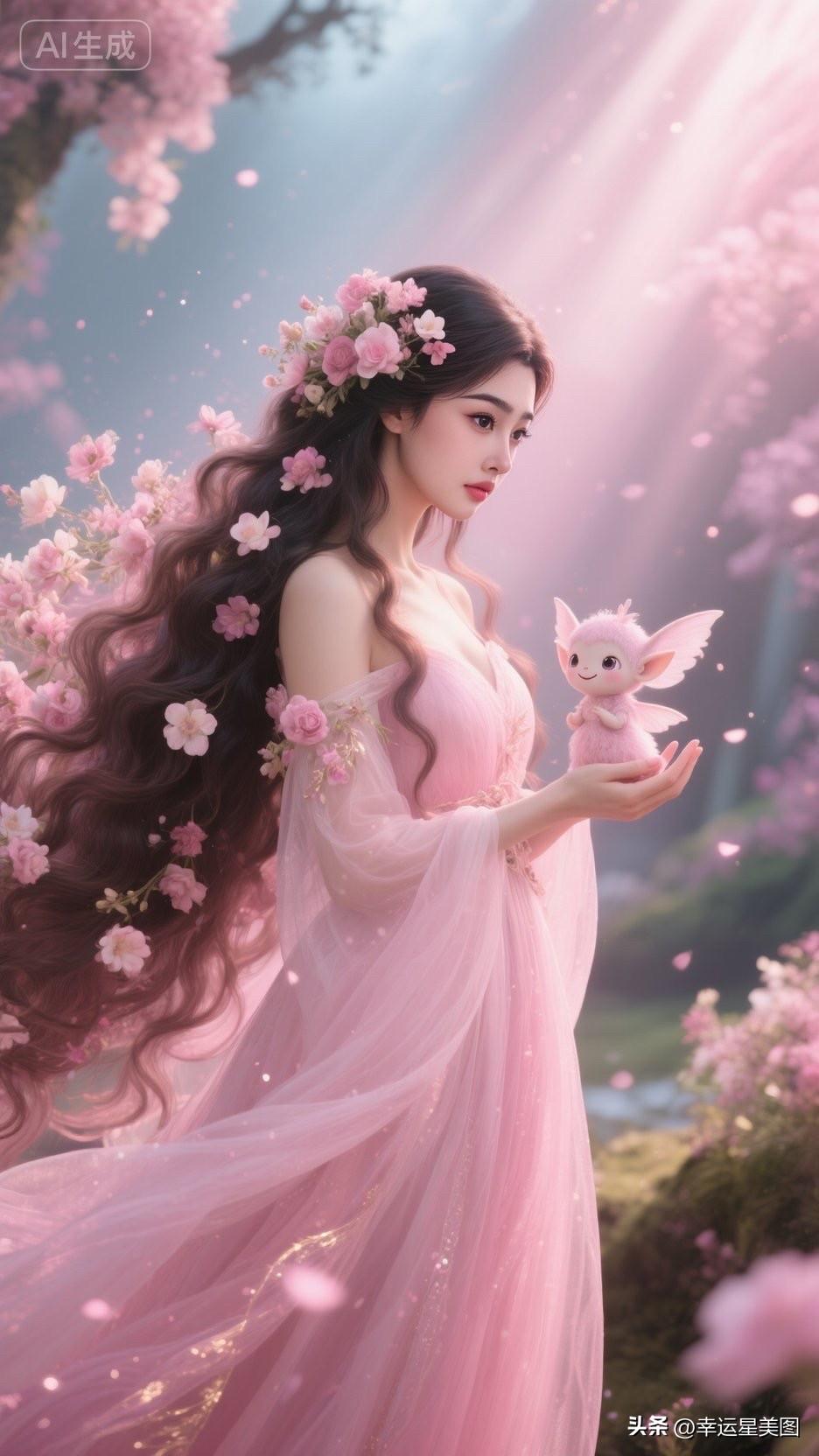 梦幻仙境中的粉色公主，与小精灵共舞