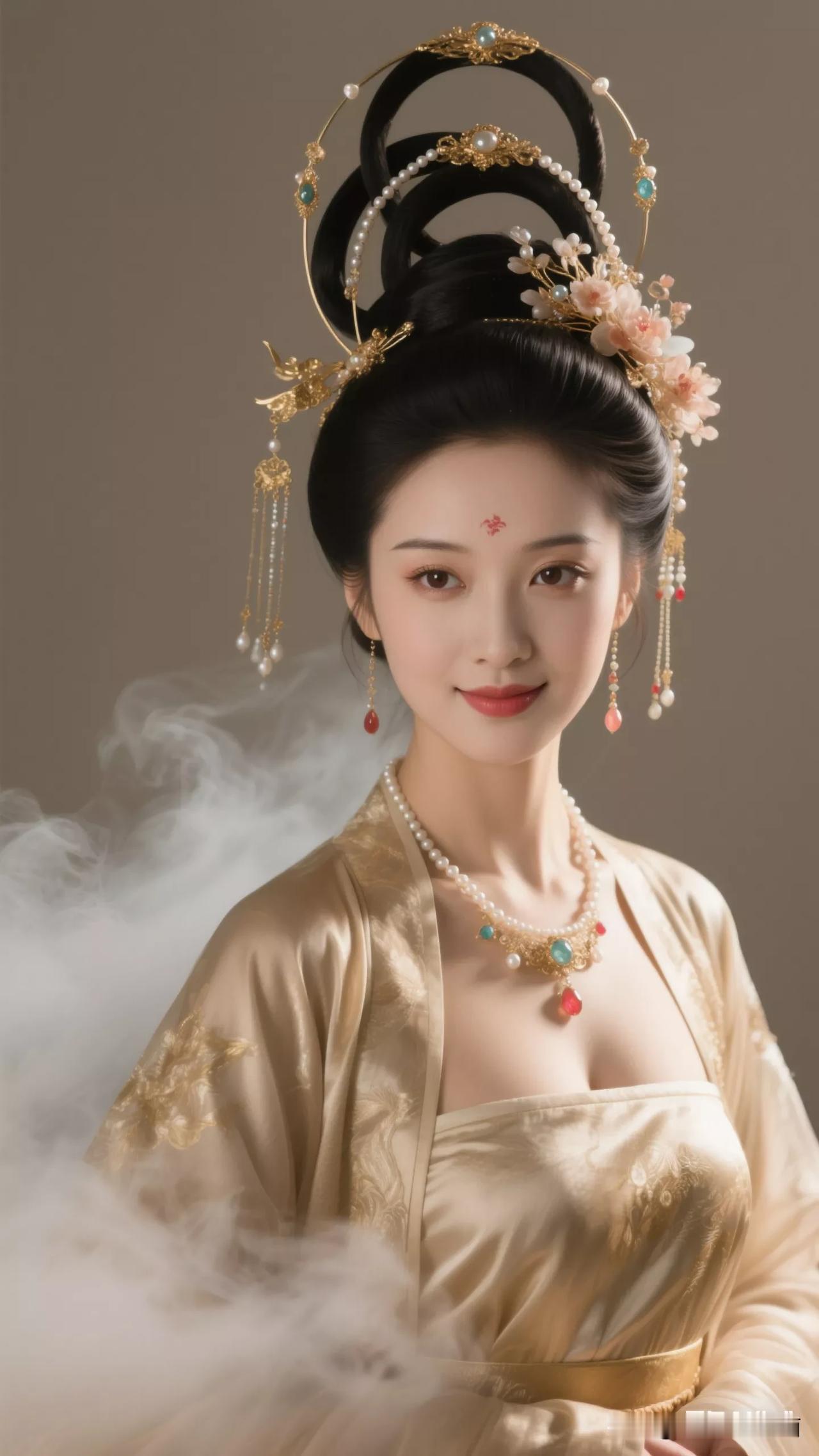 穿越时空的古典美人，华丽妆容与精致服饰相得益彰。张立启原创书画AI作品古仕女发髻