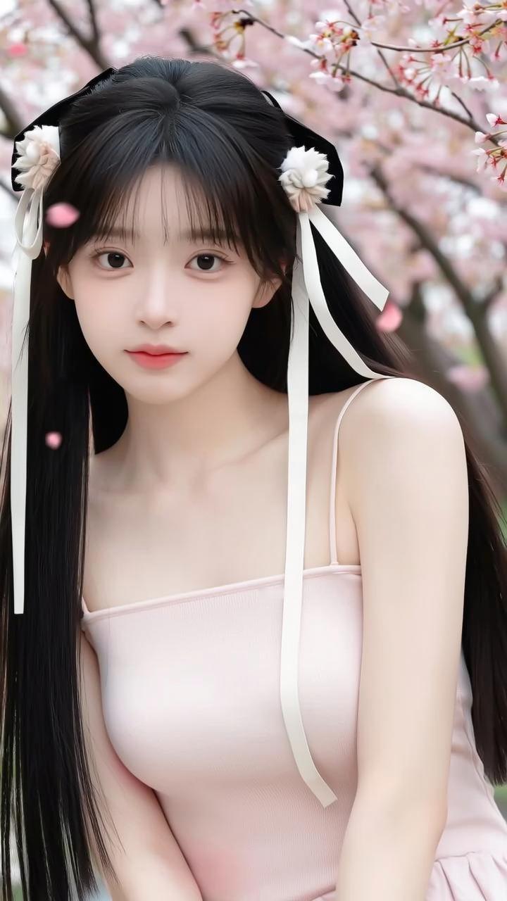 樱花树下，少女如画，粉裙飘飘，春意盎然。🌸💕