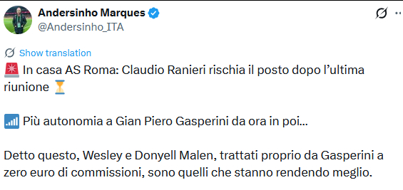 巴西记者Andersinho：在最近一次会谈后，拉涅利面临离职风险，加斯佩里尼将