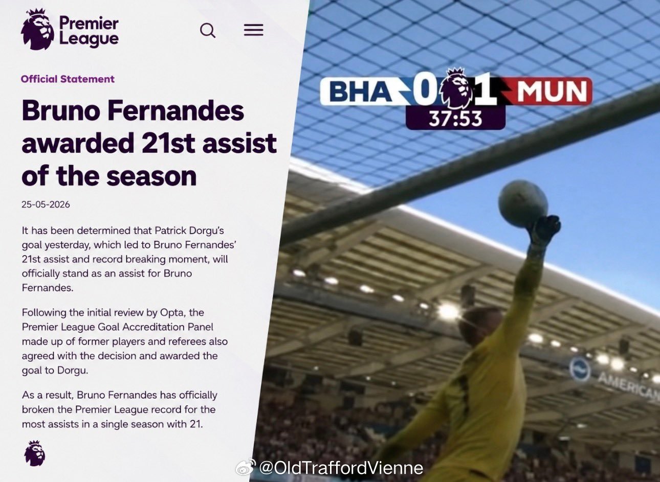 多尔谷的进球的助攻是费尔南德斯，官方认定