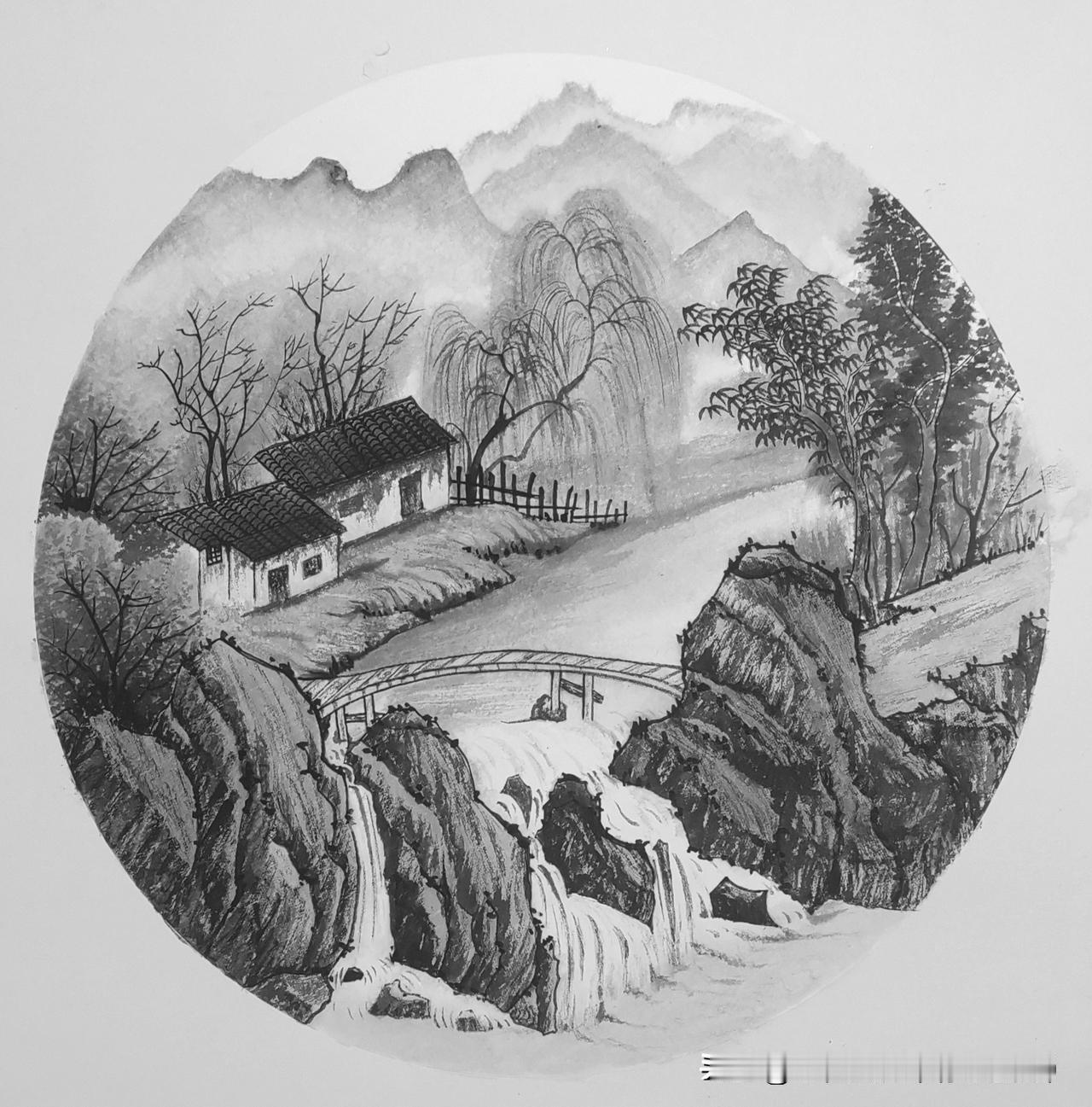 水墨闲情
 
今日小雨淅淅，宅家无事，铺开画纸，就着窗外的湿润水汽，画了这幅山水