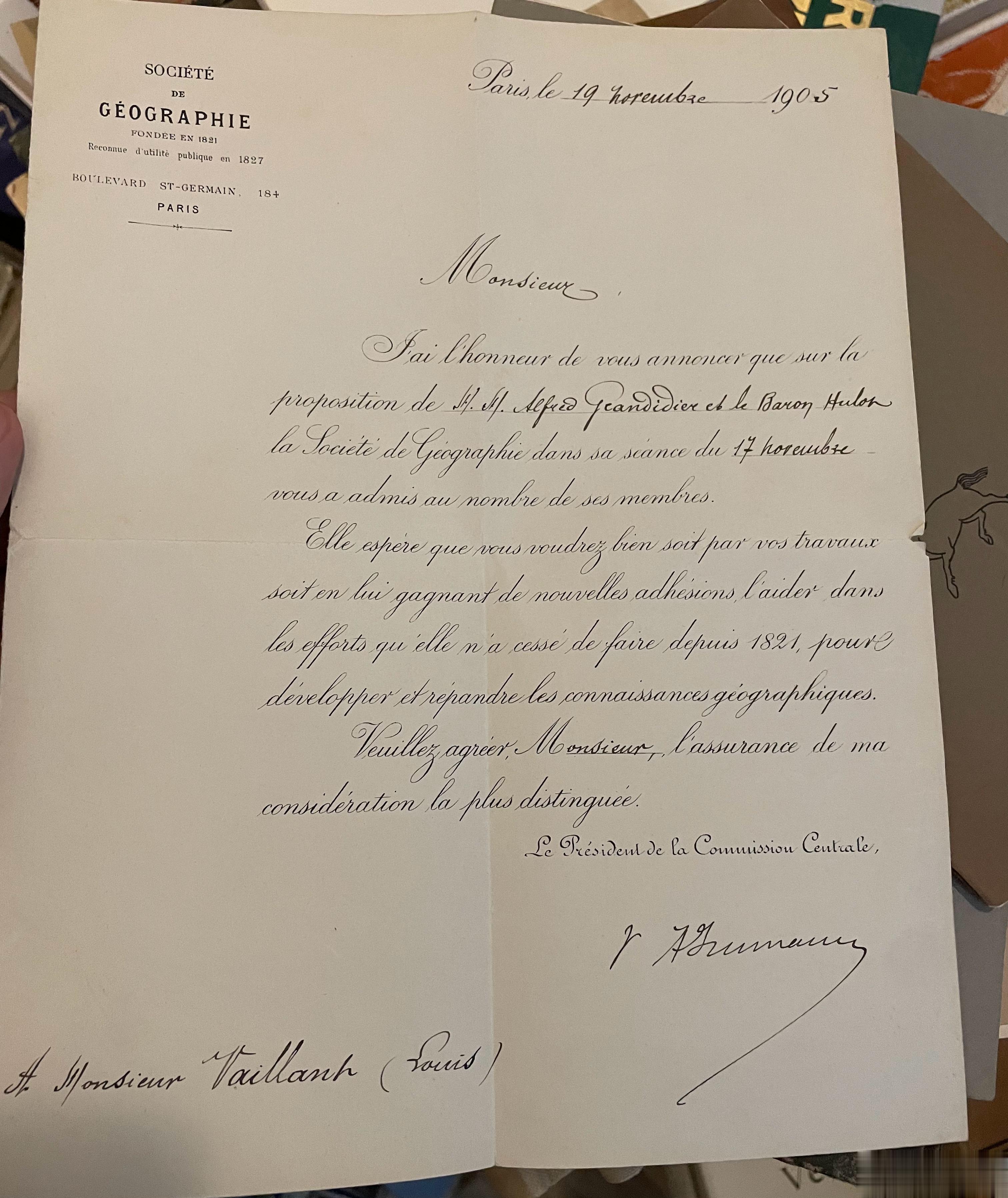 军医路易.瓦杨是伯希和的好友，也是他在亚洲之行中的得力助手。最近新找到的这封信件