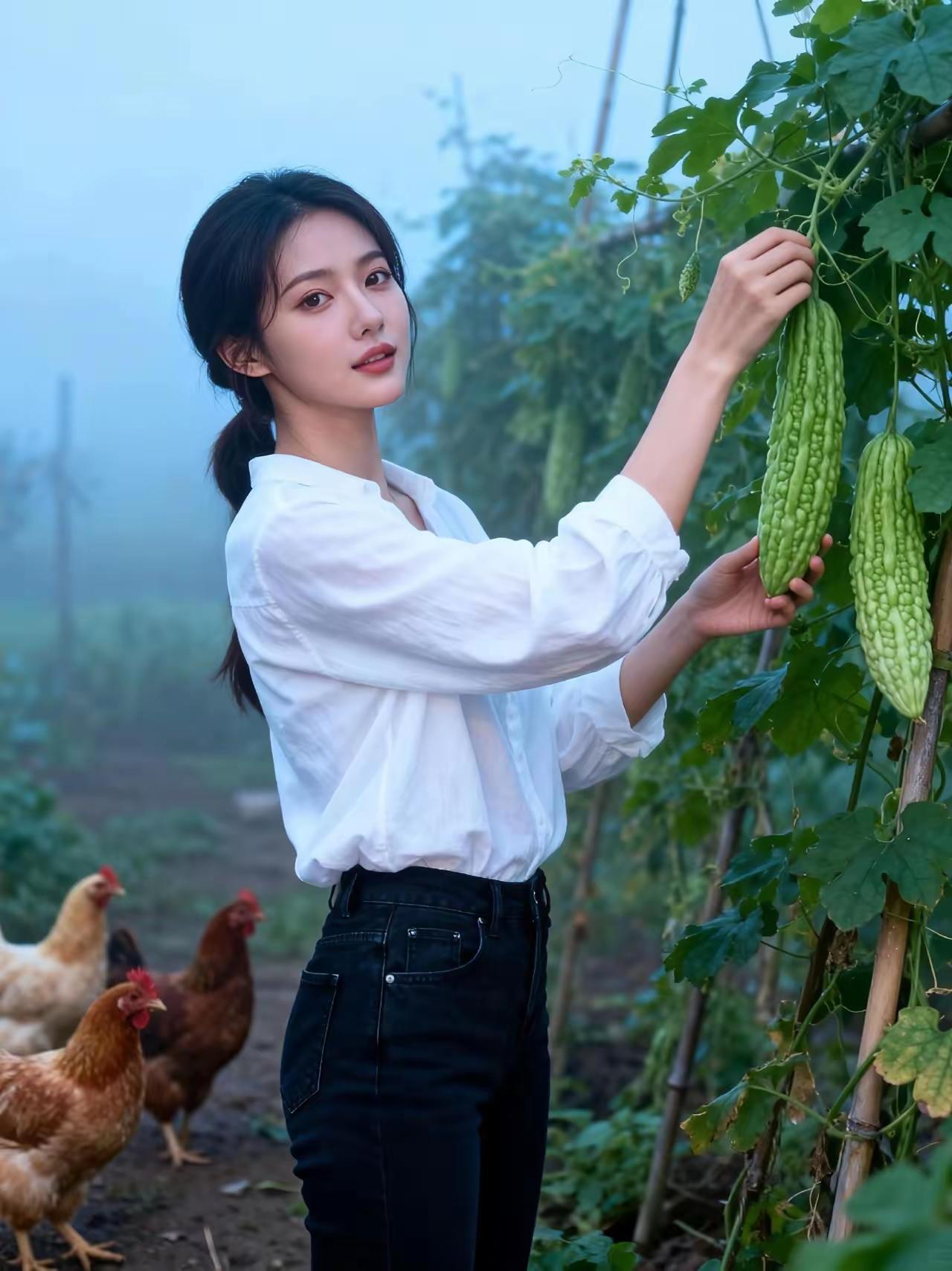 田园少女采摘丝瓜，鸡儿相随，自然纯美。