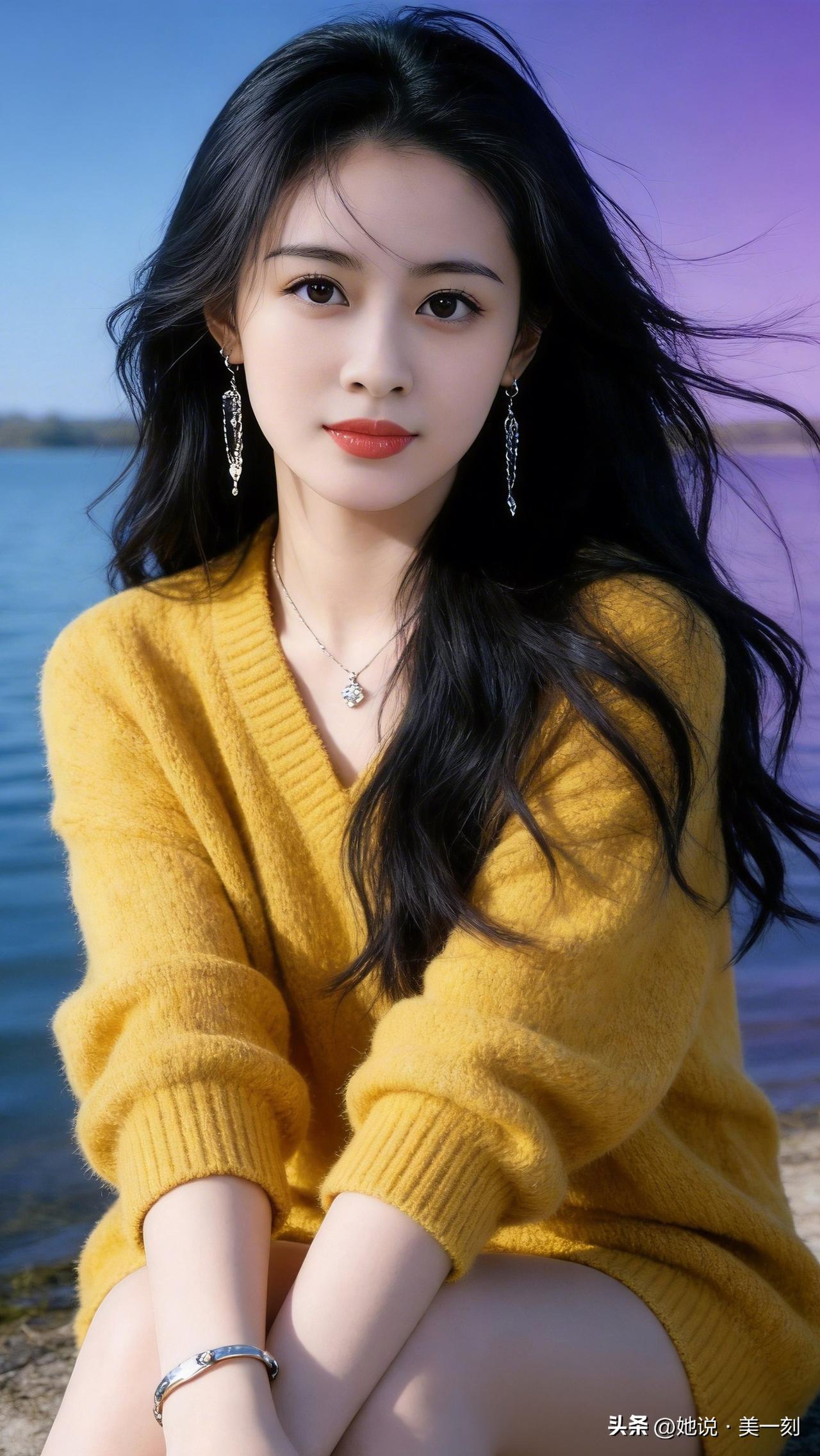 温柔海风中的甜美少女，黄色毛衣与碧蓝湖水相映成趣。女人最耐看的长相是什么样的