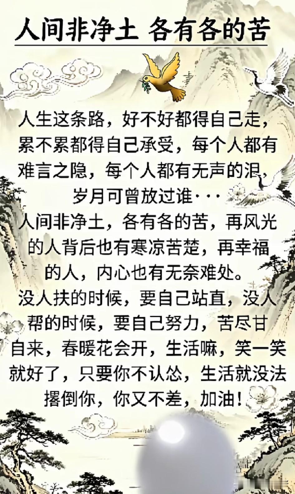 人间非净土，各有各的苦。有人笑着低头，有人夜里硬撑，有人把委屈咽下又继续赶路。生