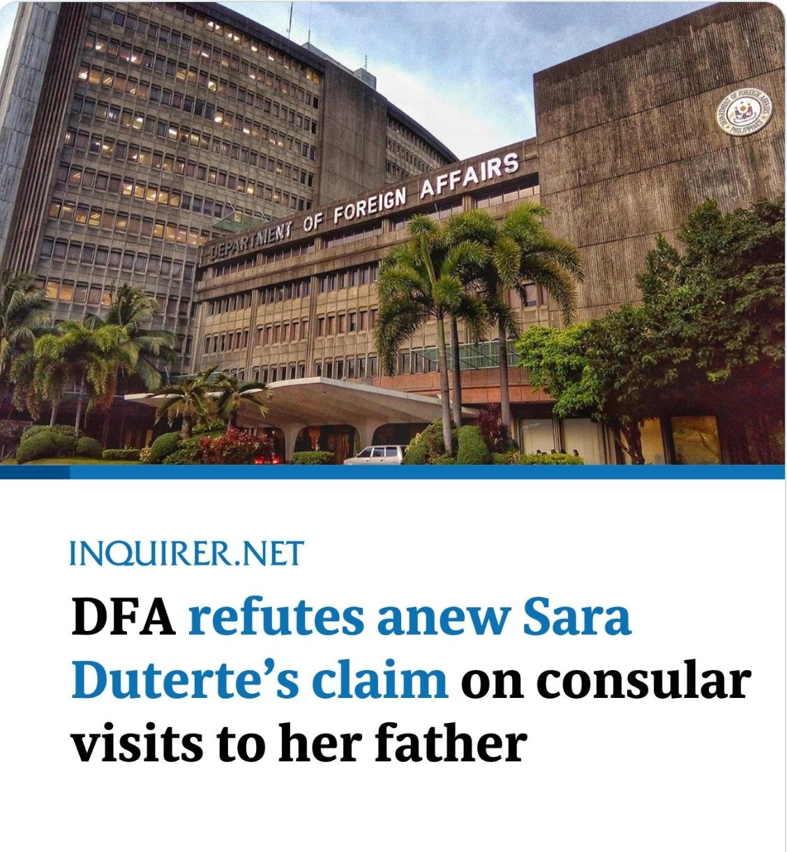 菲律宾外交部（DFA）于2025年9月27日再次公开驳斥副总统萨拉·杜特尔特（S