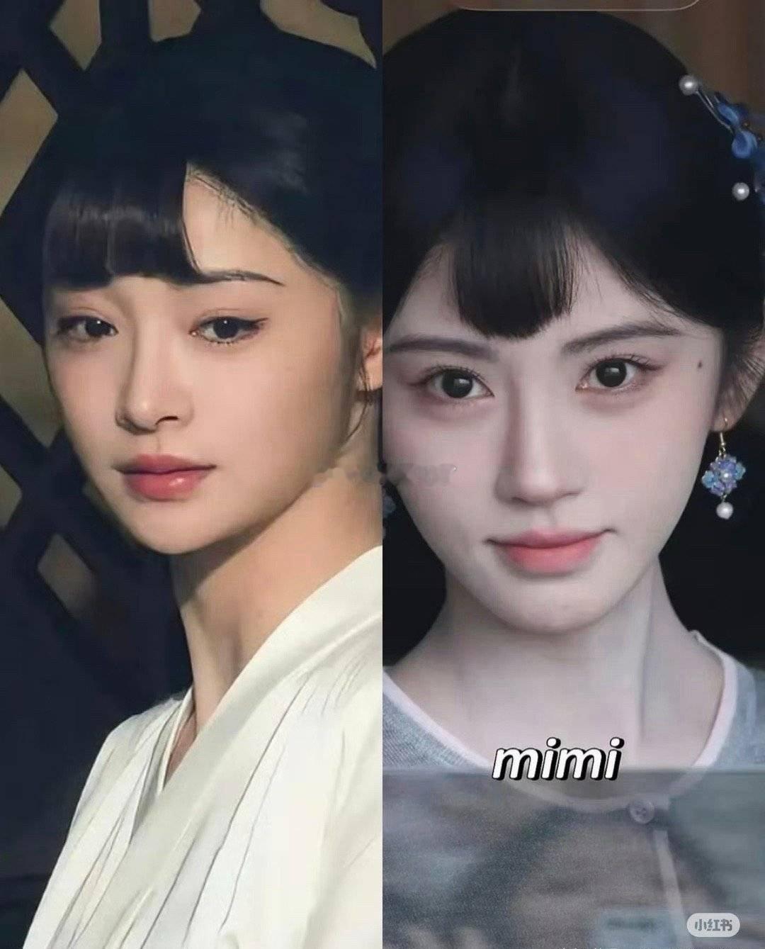 同样的造型，虽然以前都是爱豆，但是周洁琼一看就是演戏的，鞠婧祎反而看着像拍写真。