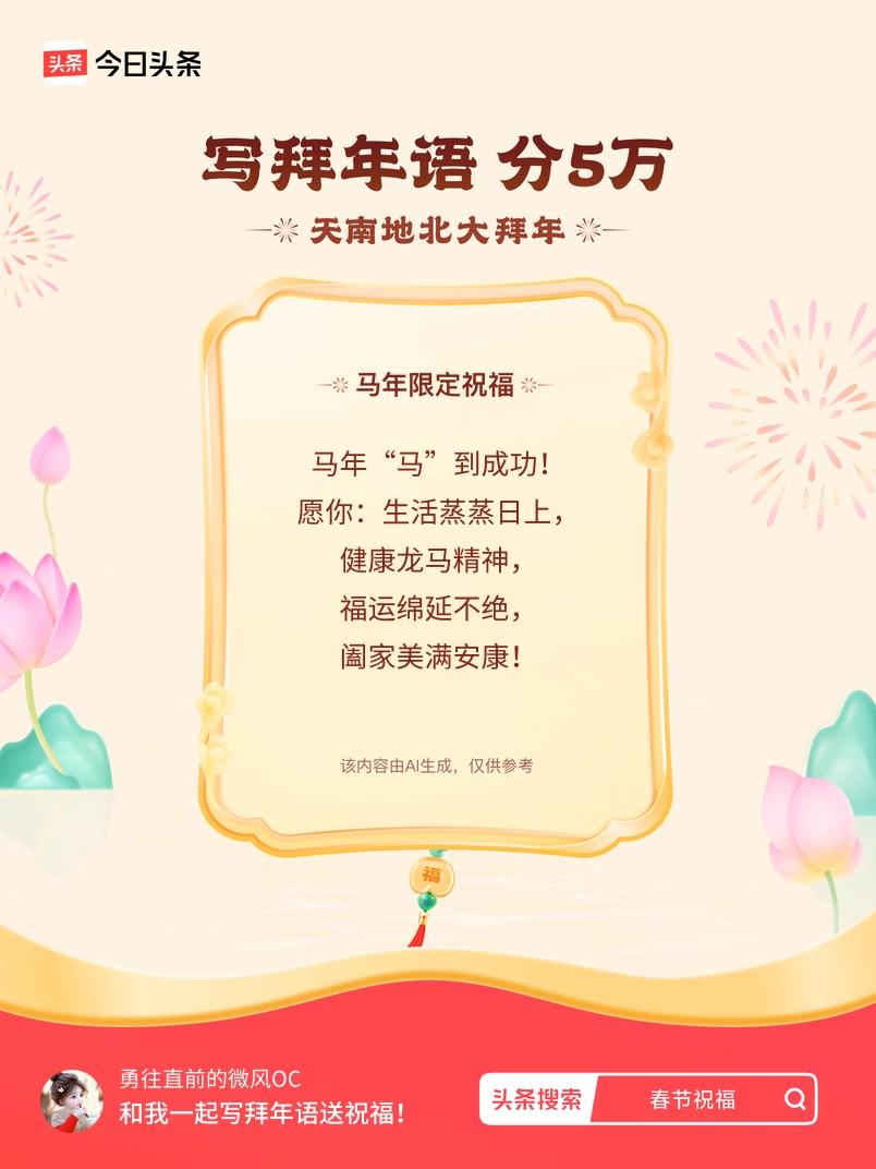 写拜年语送祝福新春拜年送祝福！我的祝福是：“马年“马”到成功！愿你：生活蒸蒸日上