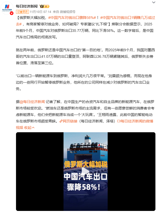 中国汽车对俄出口骤降58%2025 年前 9 个月，中国对俄汽车出口下滑 58%