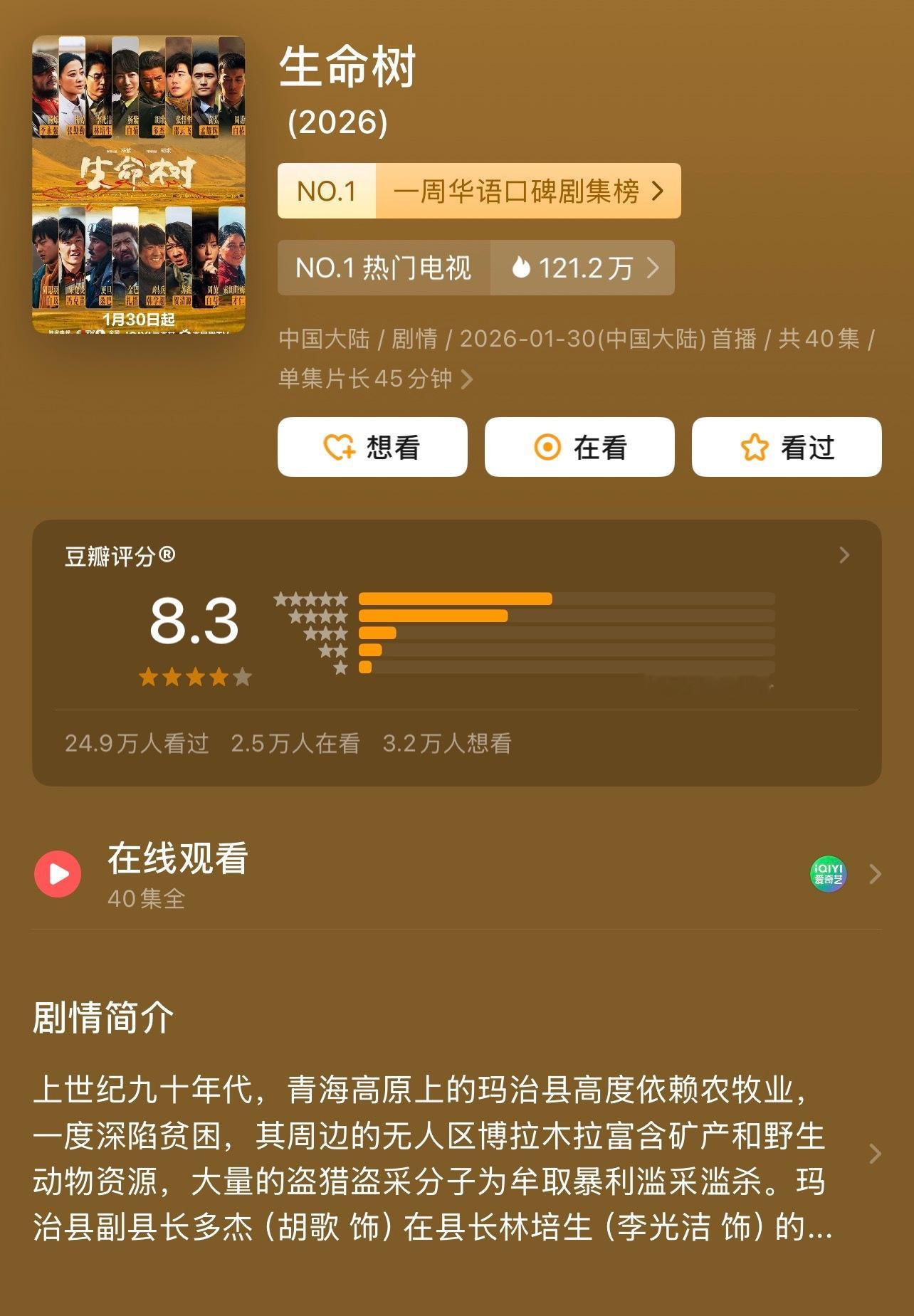 生命树豆瓣分数涨至8.3由李雪执导，杨紫、胡歌、李光洁、张哲华主演的开年大剧《生