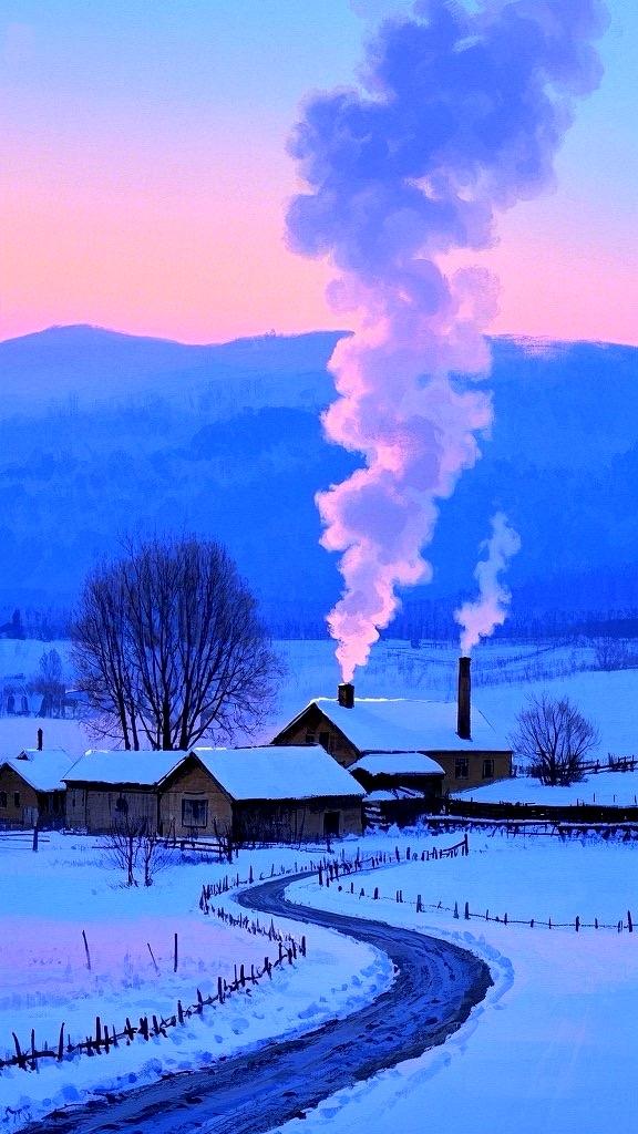 这幅雪景很简洁，线条洗练，曲直有致，在一派清寒宁静当中，有一缕炊烟辉映霞彩冲天直