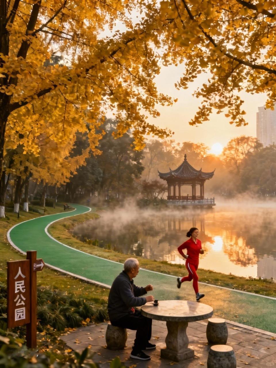 马克龙成都晨跑与路人打招呼 12月5日马克龙访华第三天，一大早就到成都锦城湖公园