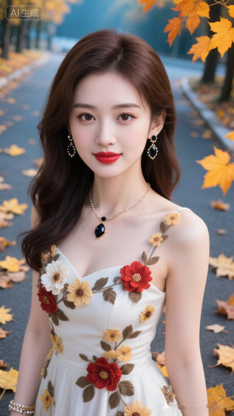 秋日落叶林间他拍，森系棕发冷白皮网红身着碎花连衣裙，烈焰红唇凤眼魅惑。柔光自带画