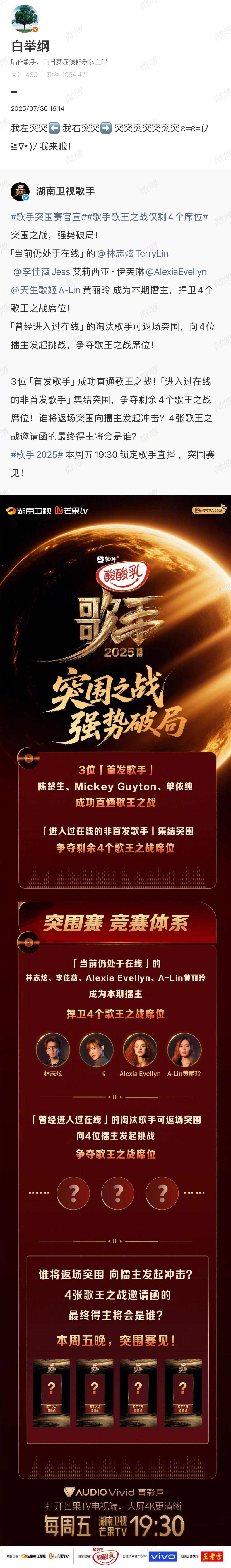 白举纲会不会突围成功？感觉有可能哦。因为他唱的越来越好，结果给他淘汰了。其实大家