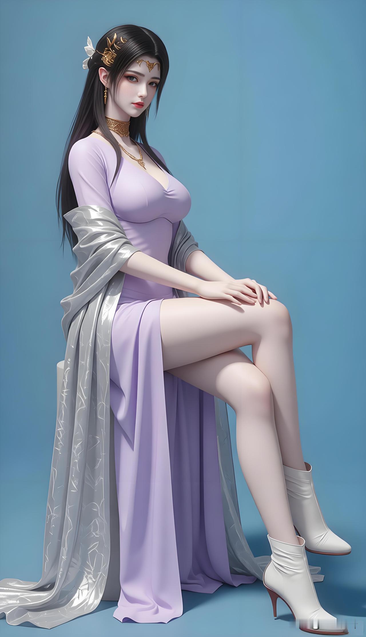 她宛如从古老画卷中走出的绝世仙子，周身散发着清冷又勾人的神秘气息。乌黑长发随意挽