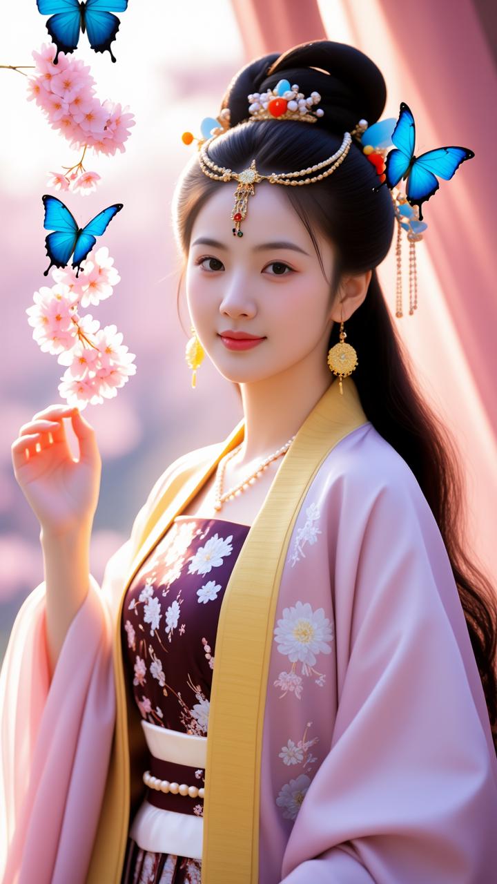古风少女，粉黛如花，蝴蝶翩翩，韵味悠长。