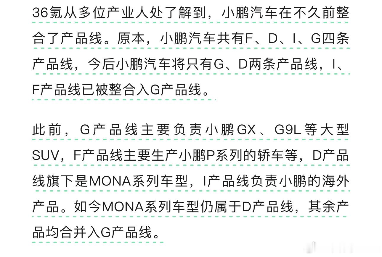 小鹏产品线调整，F、I并入G、 D。 ​​​