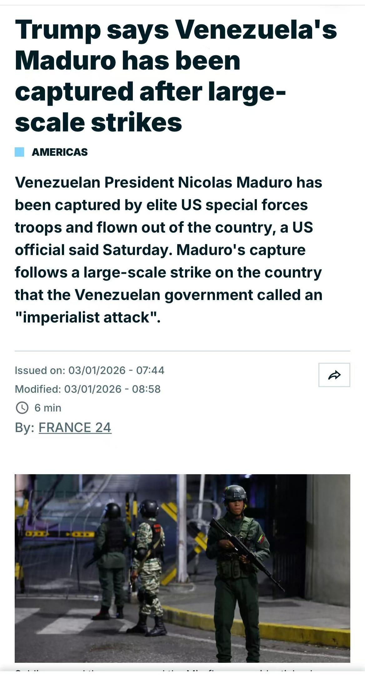 特朗普称，在美军对委内瑞拉大规模袭击后，委内瑞拉总统马杜罗已被抓获并被带走。
