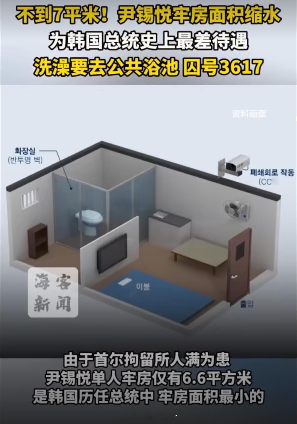 尹锡悦牢房面积仅6.6平方米，是历任中最小[允悲]洗澡要去公共浴池！但会安排他单