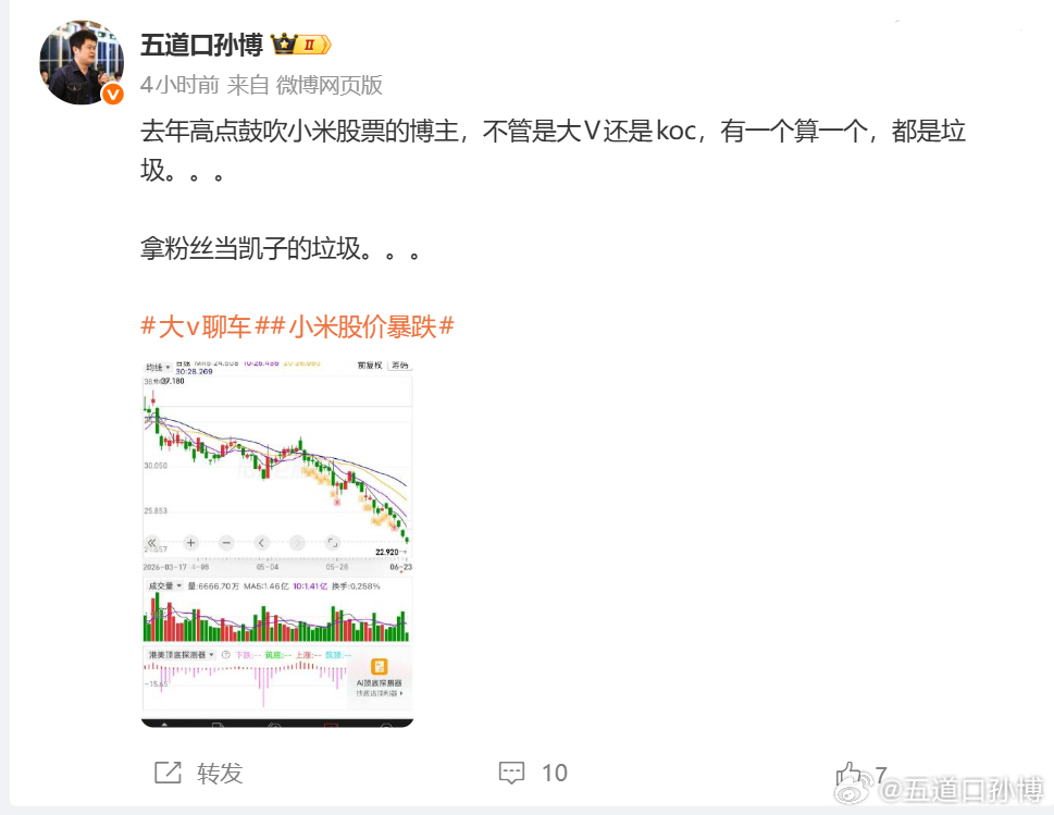这条微博，应该是被之前鼓吹小米股票的那帮无良博猪投诉了。穷则独善其身达则兼济天下