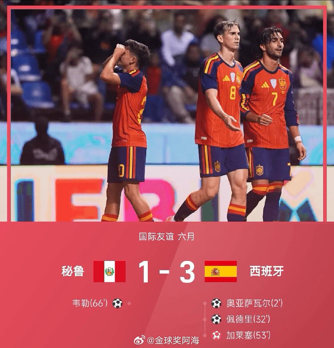 【足球快讯】06月09日 国际友谊赛，西班牙3-1战胜秘鲁。上半场比赛，奥亚萨瓦