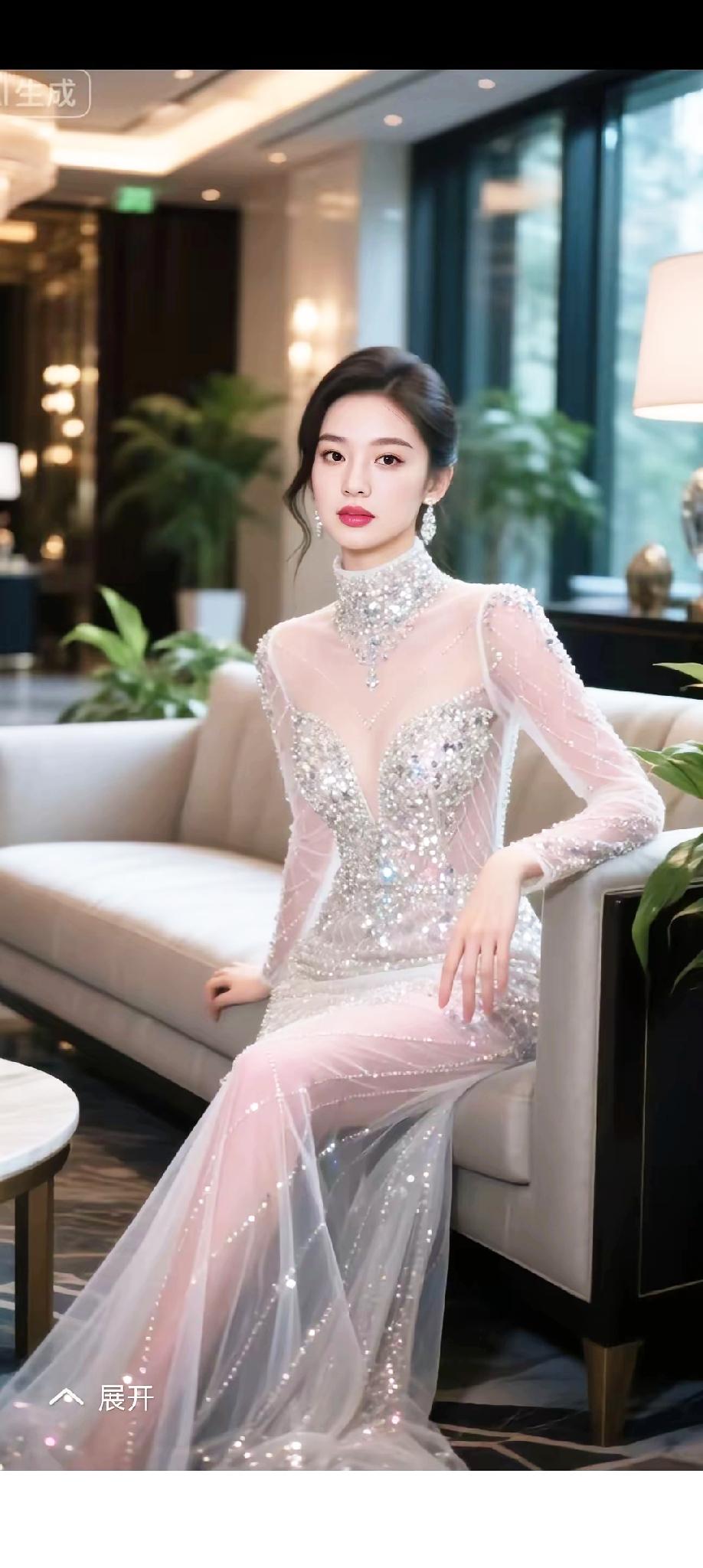 她坐在沙发上，穿着闪闪的礼服。