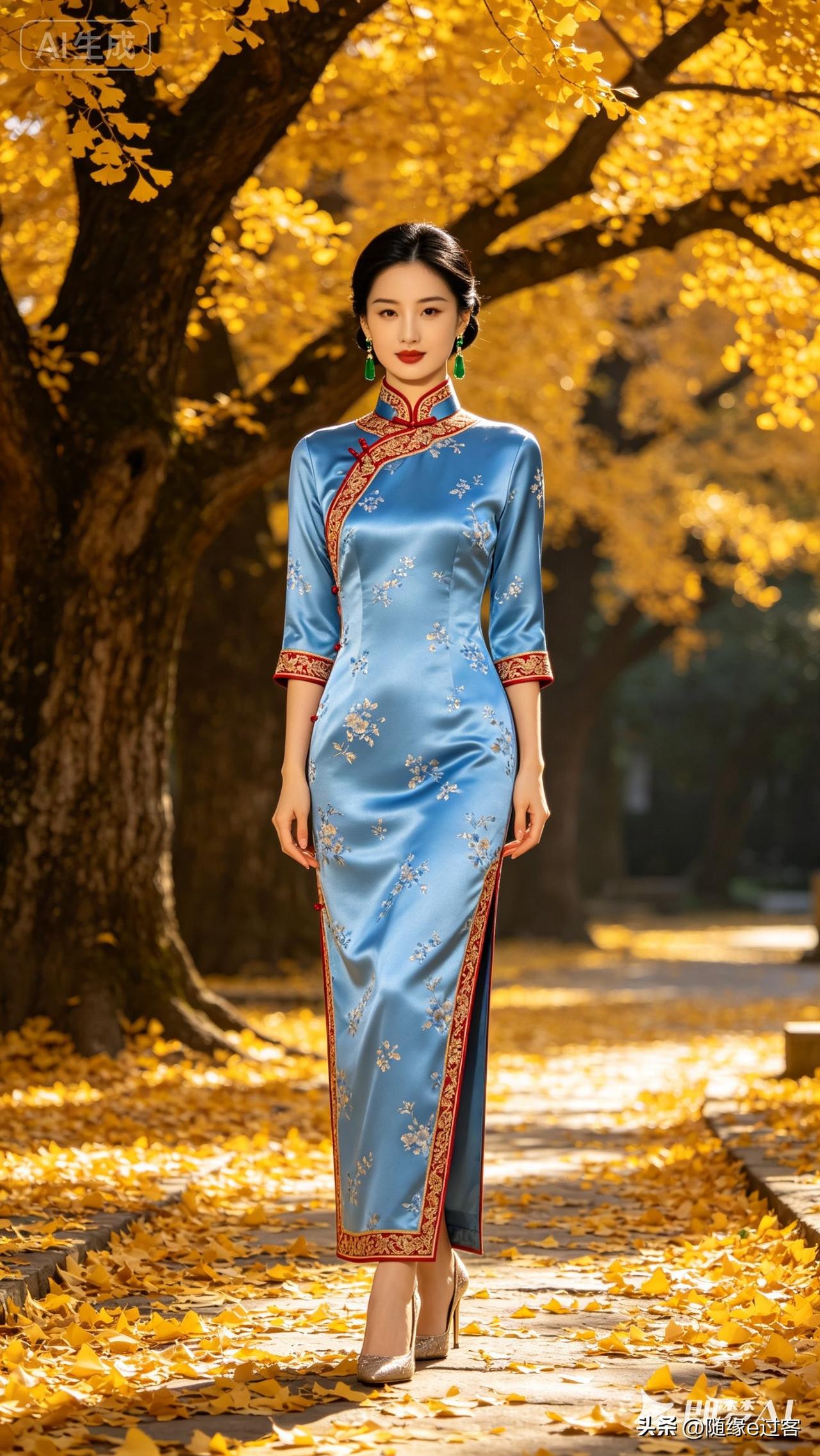 蓝旗袍美女旗袍 旗袍美女