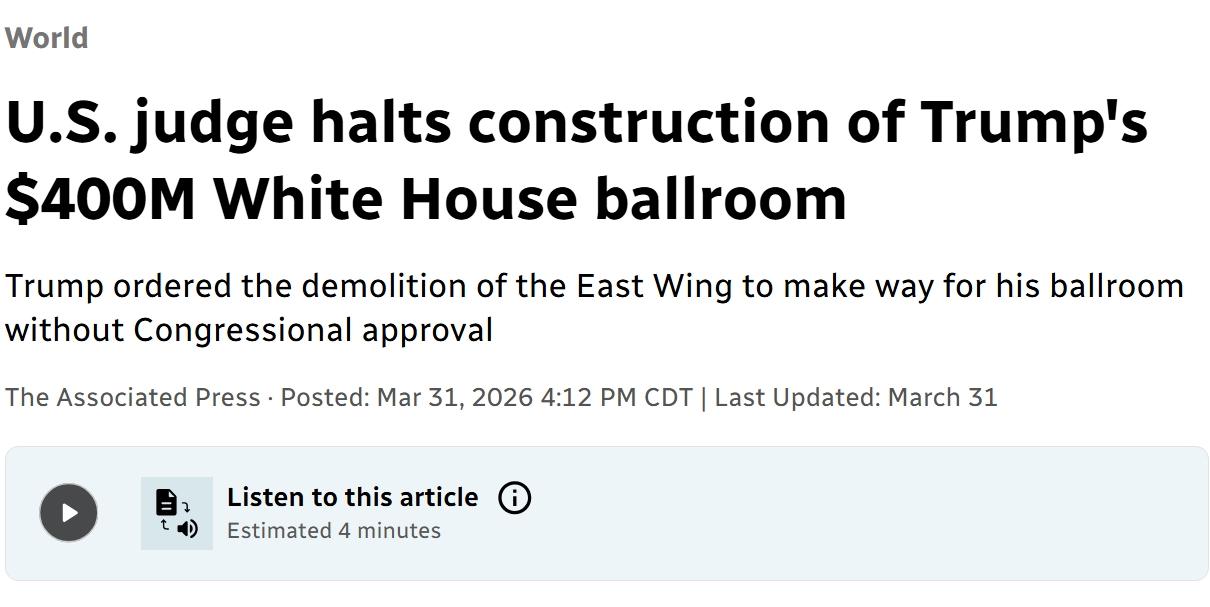 美国法官下令特朗普政府暂停白宫宴会厅的建设：未经国会批准
当地时间周二，美国联邦