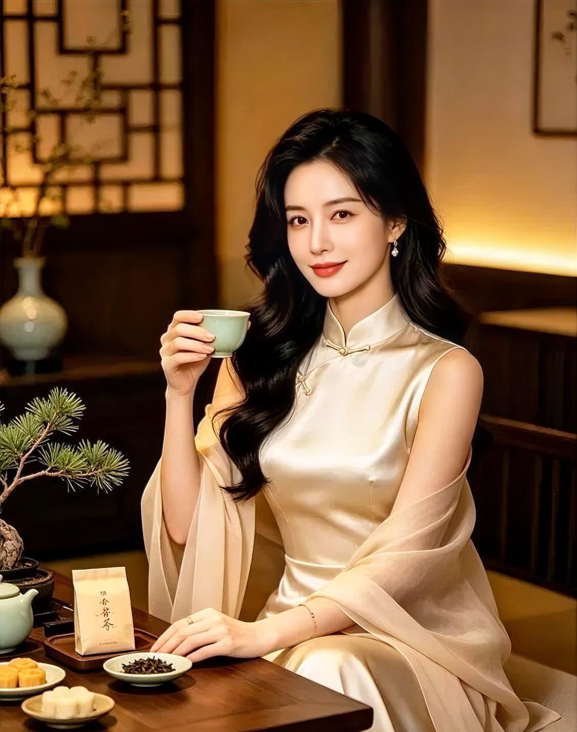 《盏底春生》

米白旗袍，轻披薄纱微漾，

长发如瀑，垂落温婉时光。

素手举青