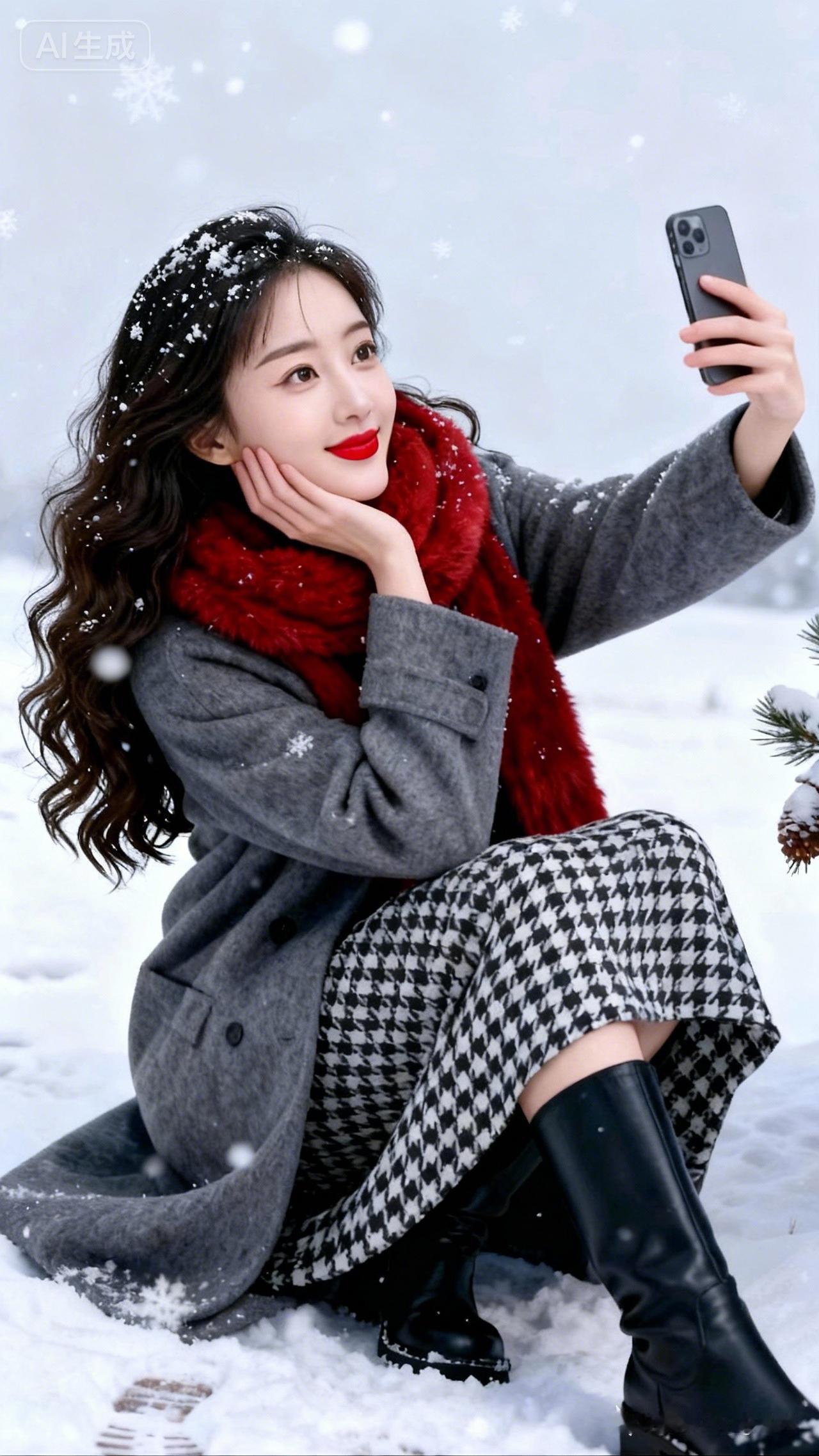 冬日雪景自拍，暖意满满的红色围巾，时尚穿搭指南！🌨️📸