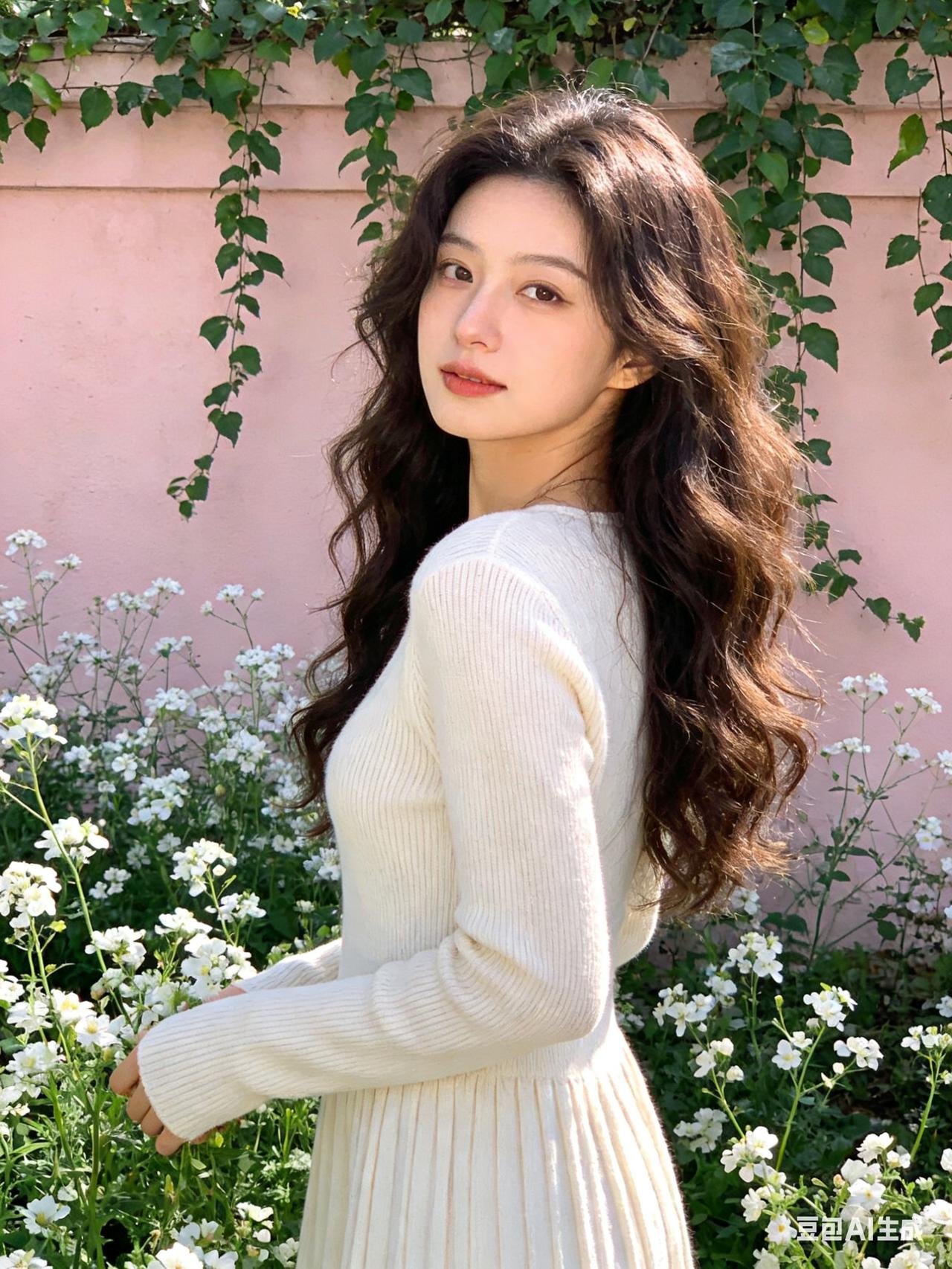 温柔白裙少女，花海中的浪漫时光