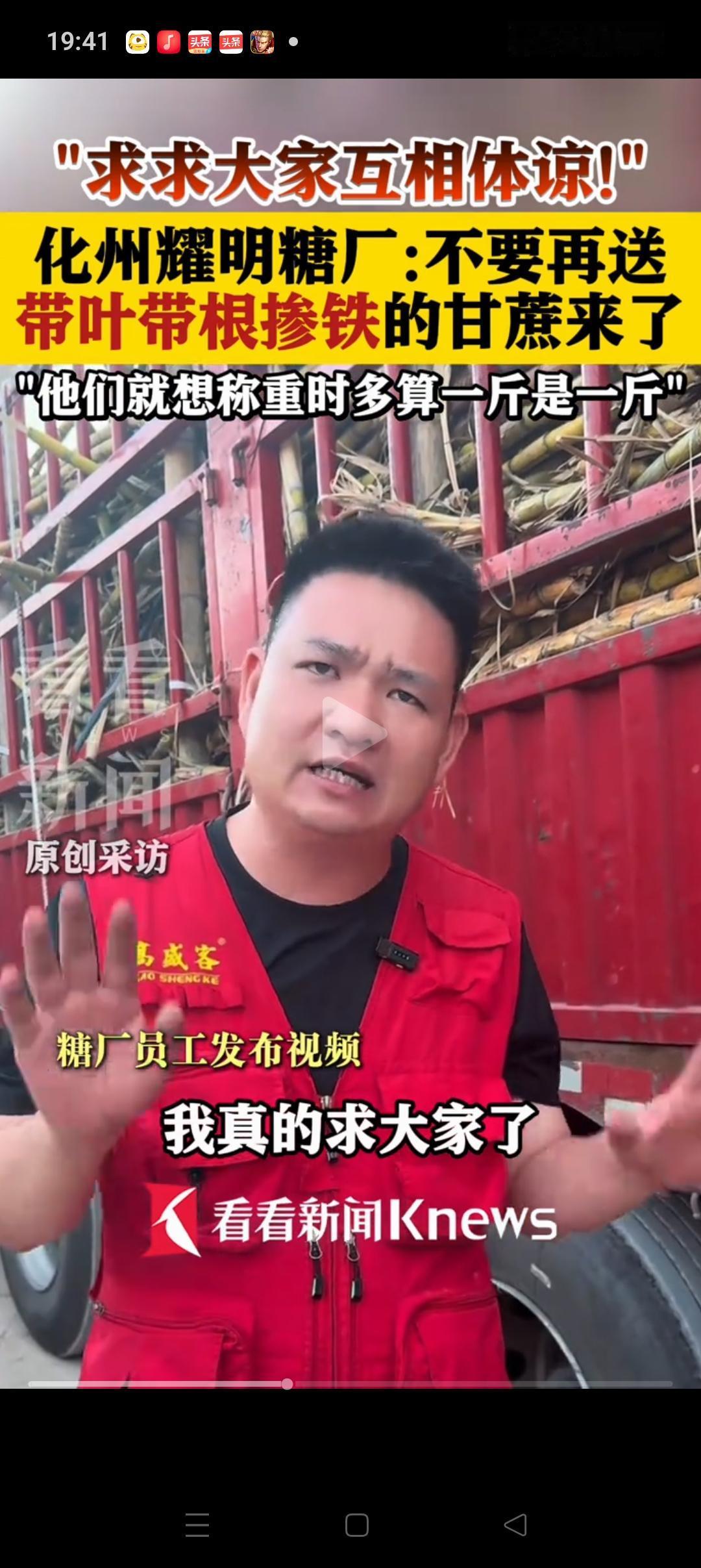 化州耀明糖厂的工作人员说：我真的求大家了，一定要体谅我们。很多甘蔗连叶子一起带过
