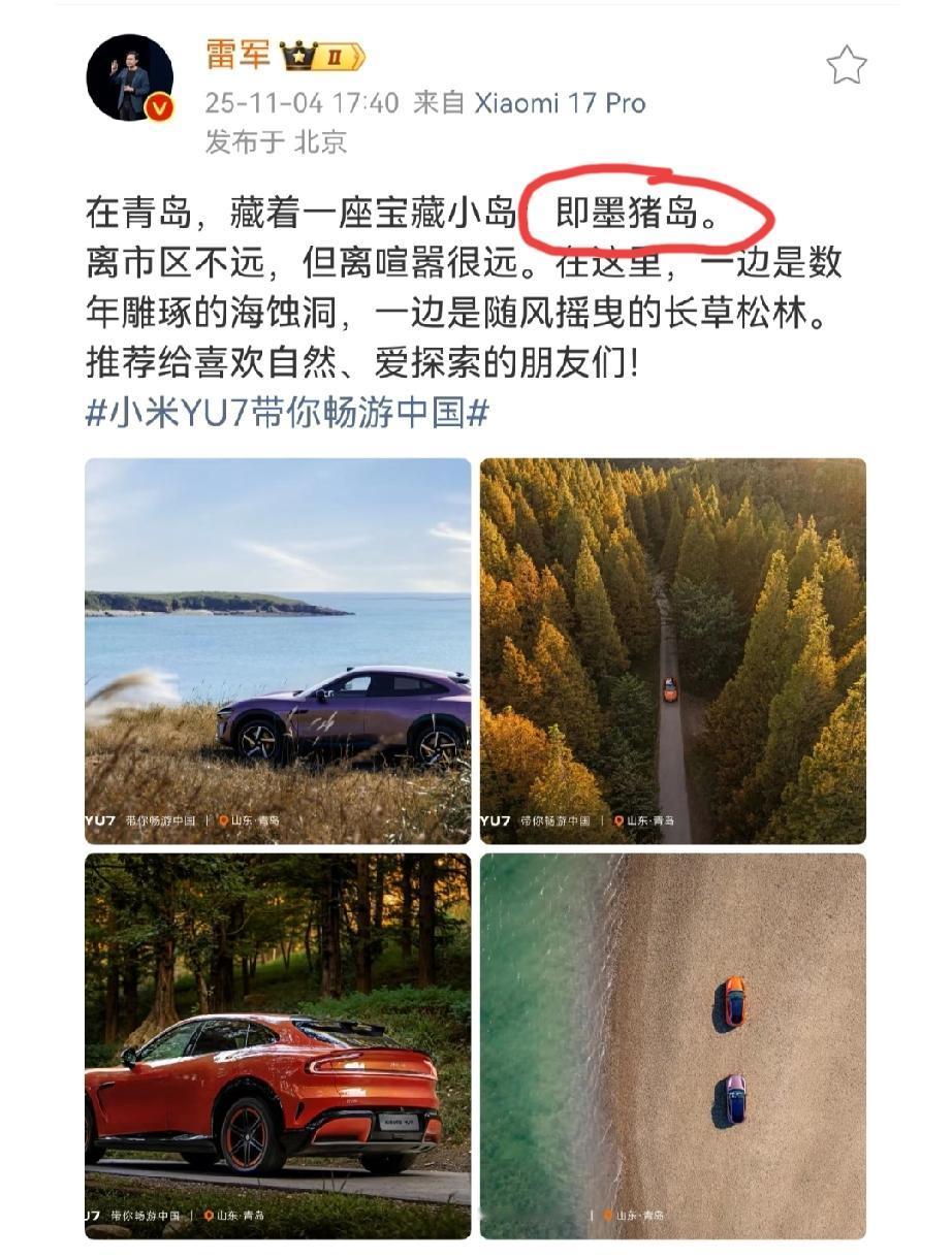 雷总发文向大家分享一个驾车游玩的好地方:即墨猪岛。不想又闹了一个大笑话，被评论区