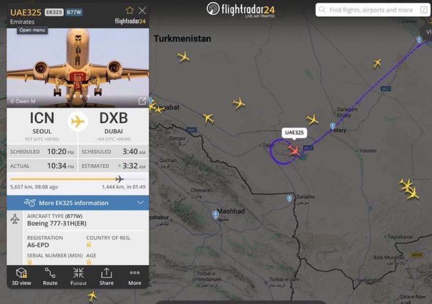 阿联酋航空客机 EK325 在伊朗东部边境突然掉头，并已返回。
伊朗上空的空域似