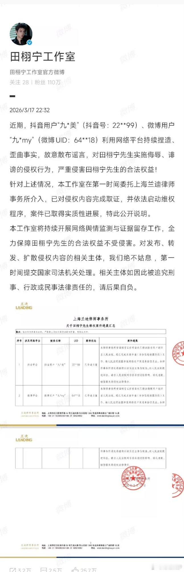 田栩宁工作室再发文回应九成美田栩宁工作室再声明不知道怎么搞的，声明有什么用？ 