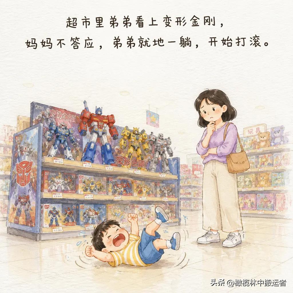 趣味漫画漫画小趣味 ：超市里弟弟看上变形金刚，妈妈不答应，弟弟就地一躺，开始打滚