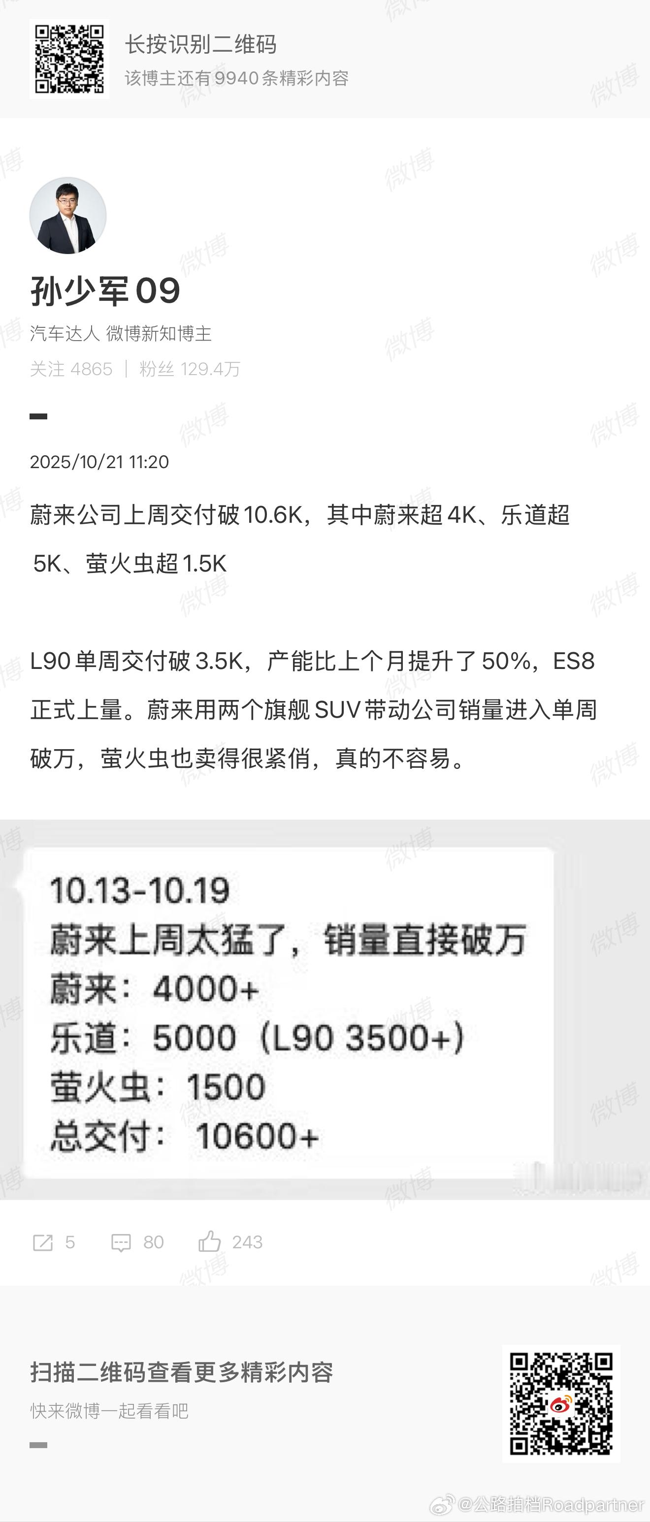 蔚来两大旗舰产品ES8和L90在上周开始上量了，萤火虫一直稳定交付，整个蔚来品牌