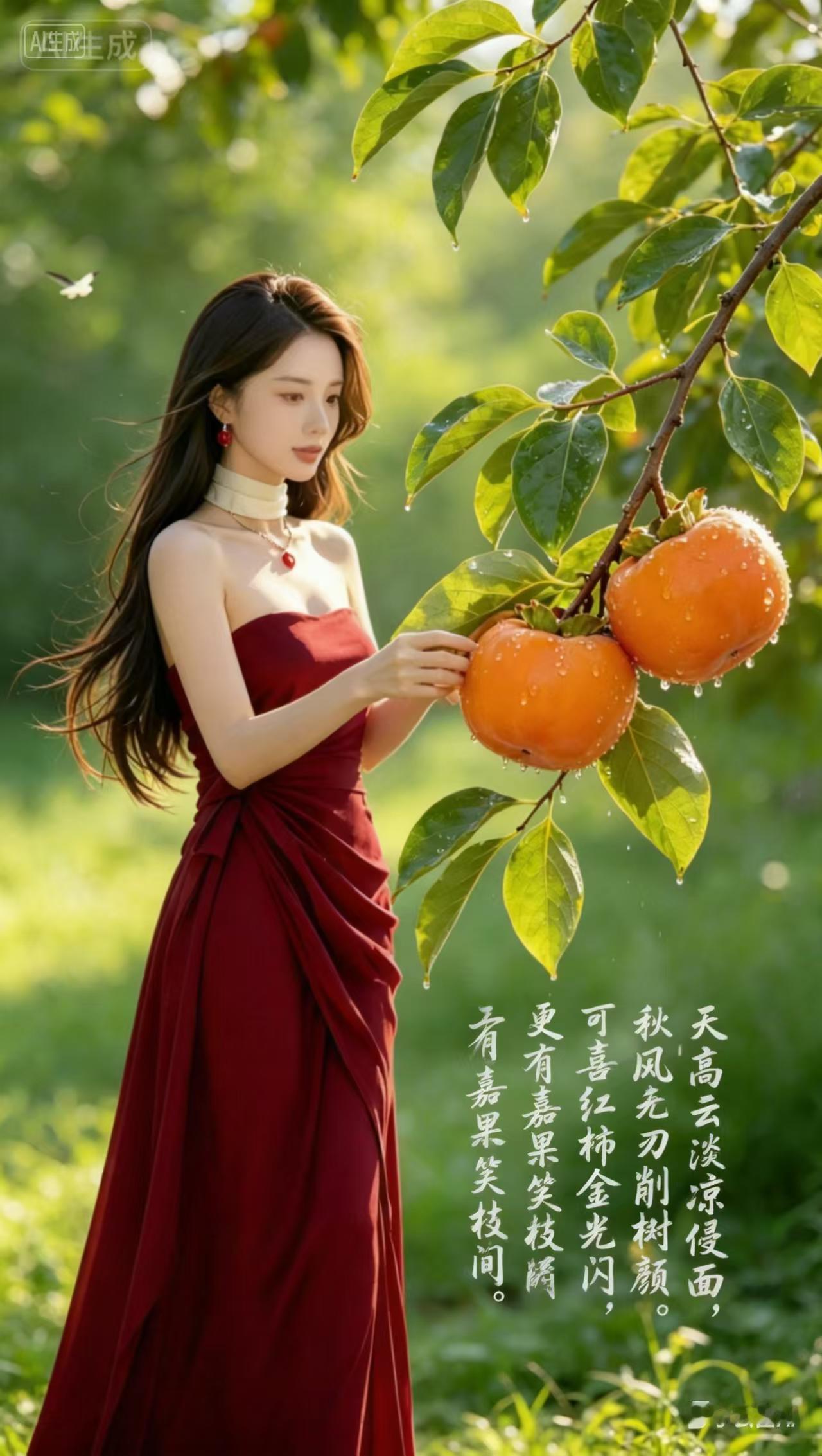 天高云淡沐清光，晓露凝枝柿染黄。
飒飒秋风舒远意，彤彤嘉果蕴祯祥。
朱裙映叶姿容