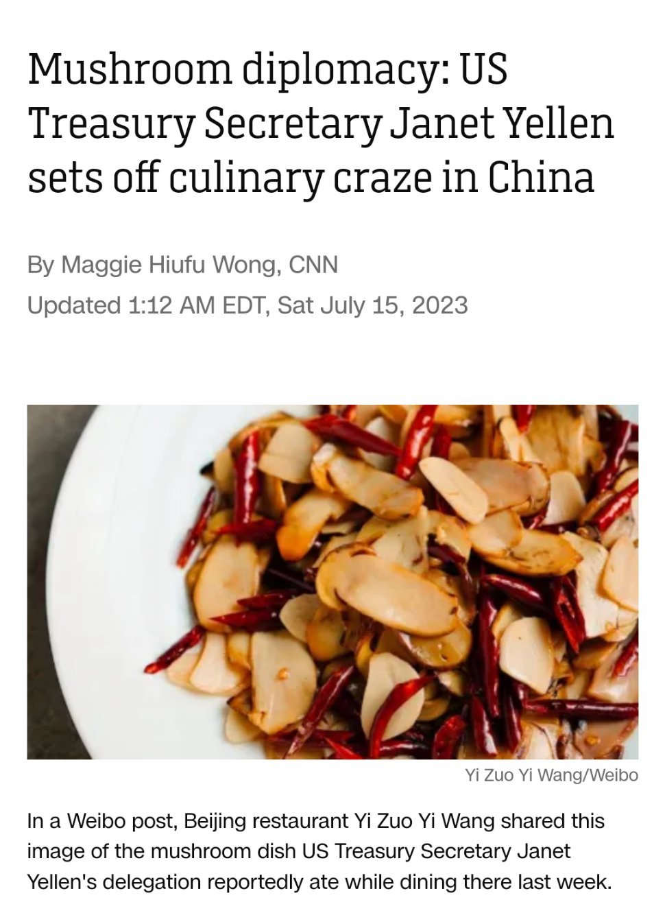 CNN刚发了耶伦访华的文章，“见手青外交”！罕见非常正面。讲了耶伦吃饭怎么被中国