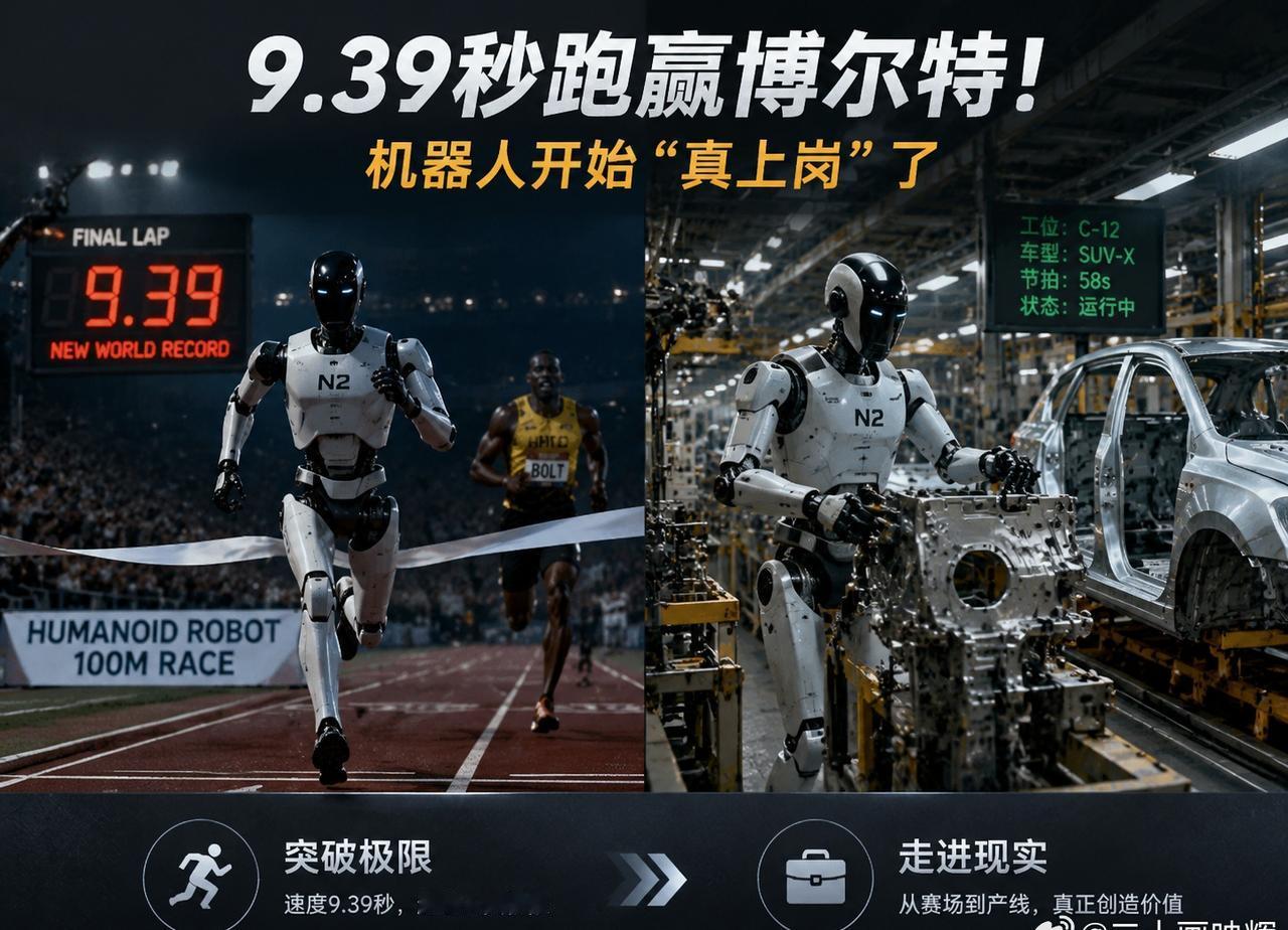 9.39秒跑赢博尔特！机器人开始“真上岗”了
9秒39，人形机器人百米跑赢博尔特