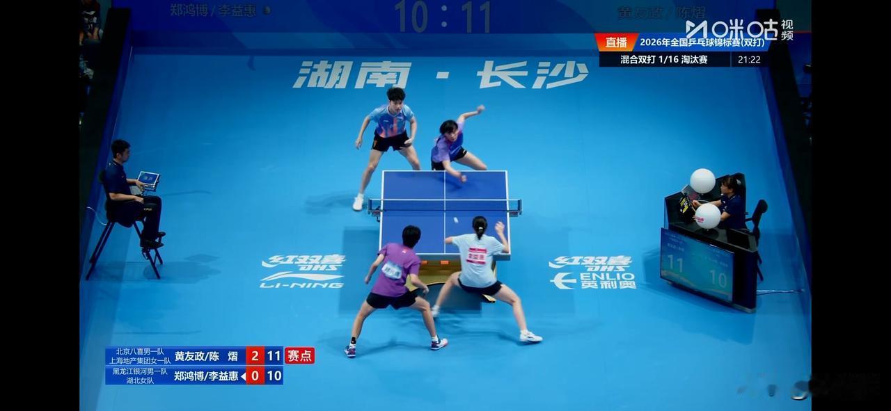 黄友政/陈熠(北京八喜男一队/上海地产集团女一队)3比0郑鸿博/李益惠(黑龙江银