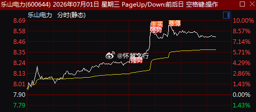 午后电力板块持续走强，乐山电力涨超8%一度涨停，$韶能股份 sz000601$ 