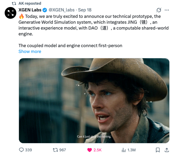 这两天，我刷到了一支很火的Demo，来自一家叫XGEN的世界模型团队，播放量已经