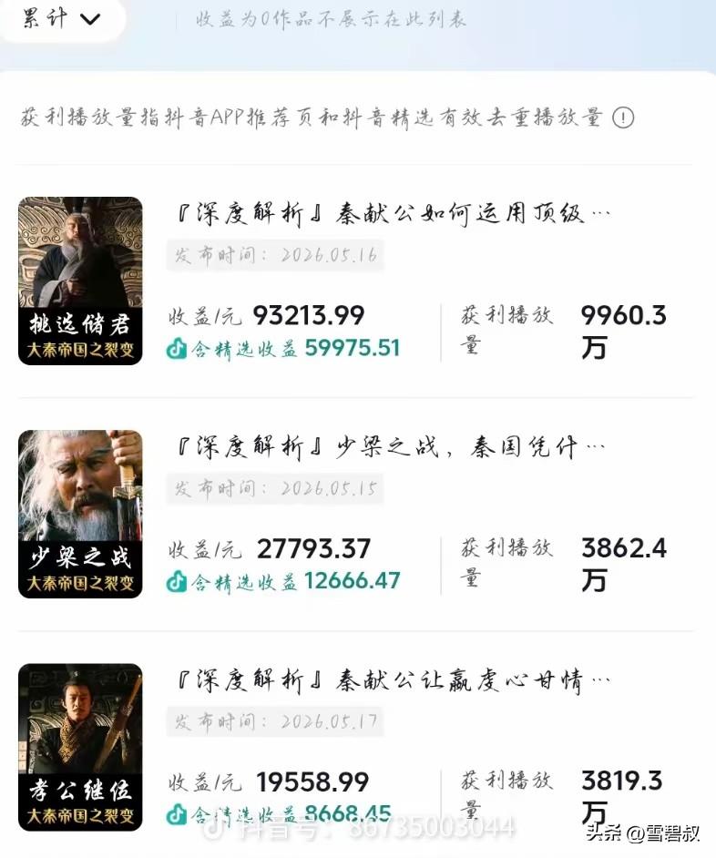 最近刷到一张抖音收益截图，一个做历史解说的博主，一条9000万播放的横屏视频，光
