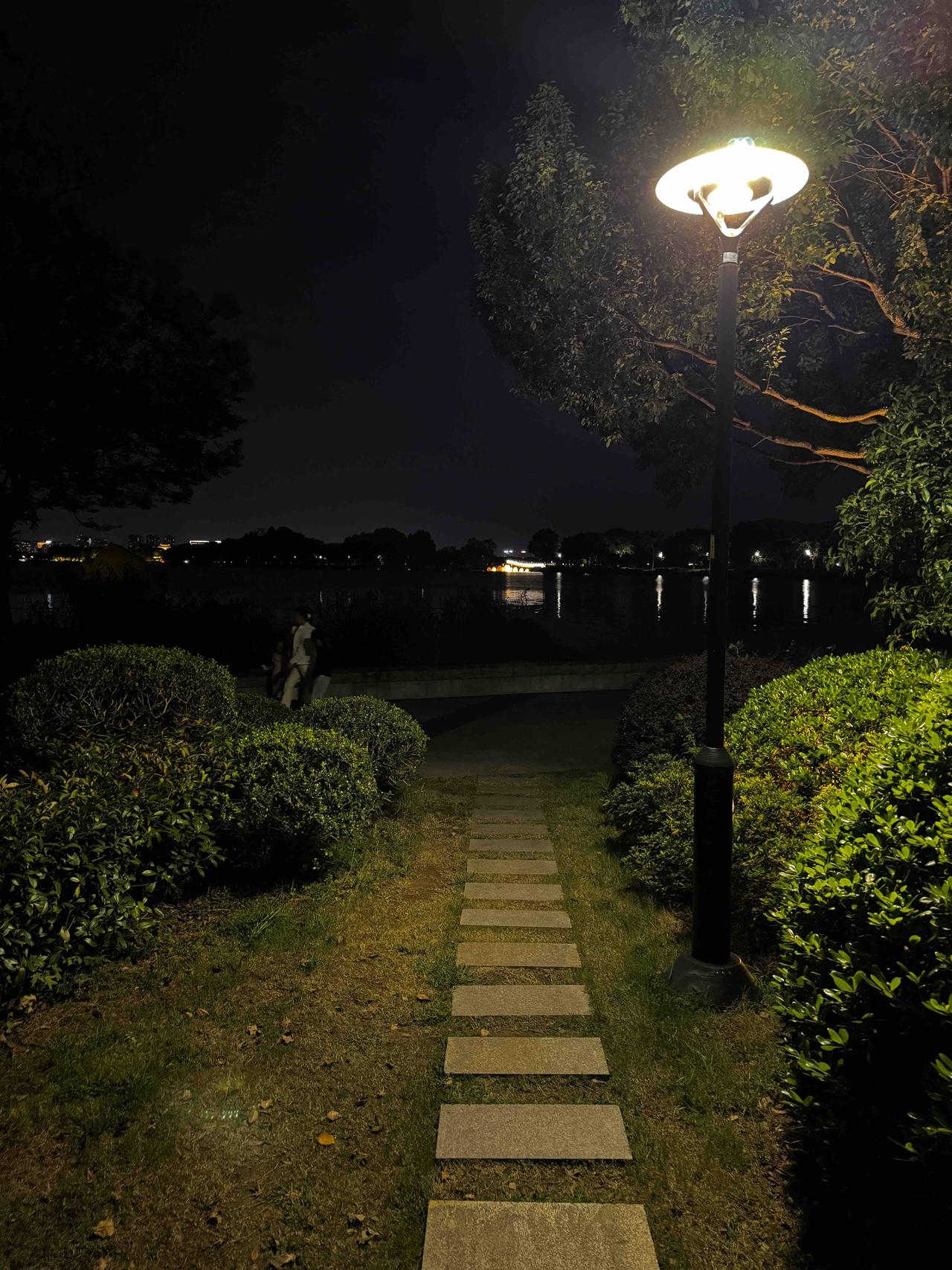 这是苏州的石湖公园。石板小径伸向湖畔，一盏路灯独自亮着。晚风穿过枝叶，水面浮着远