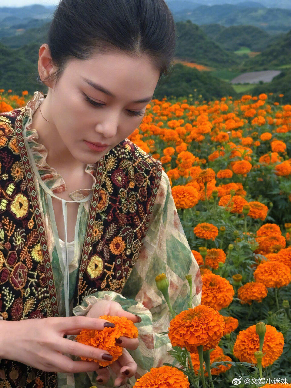 张馨予云南花海里画花 云南的花海，似大地铺展的彩色锦缎，美得让人心醉。张馨予的出