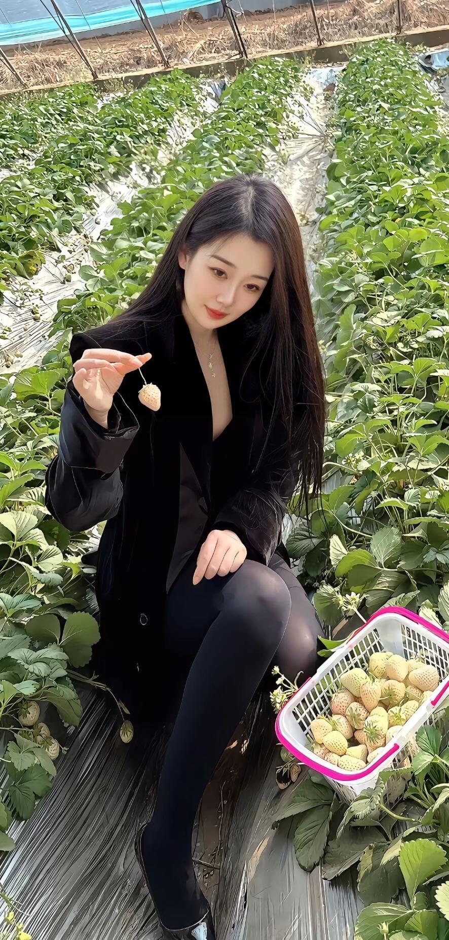 草莓采摘的甜美时光，黑衣少女与草莓的亲密接触🍓💕
