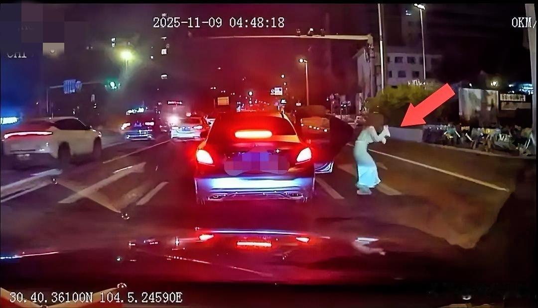 11月9日4时48分，成都某路段一辆私家车的行车记录仪拍摄下了一女子下车时被撞飞