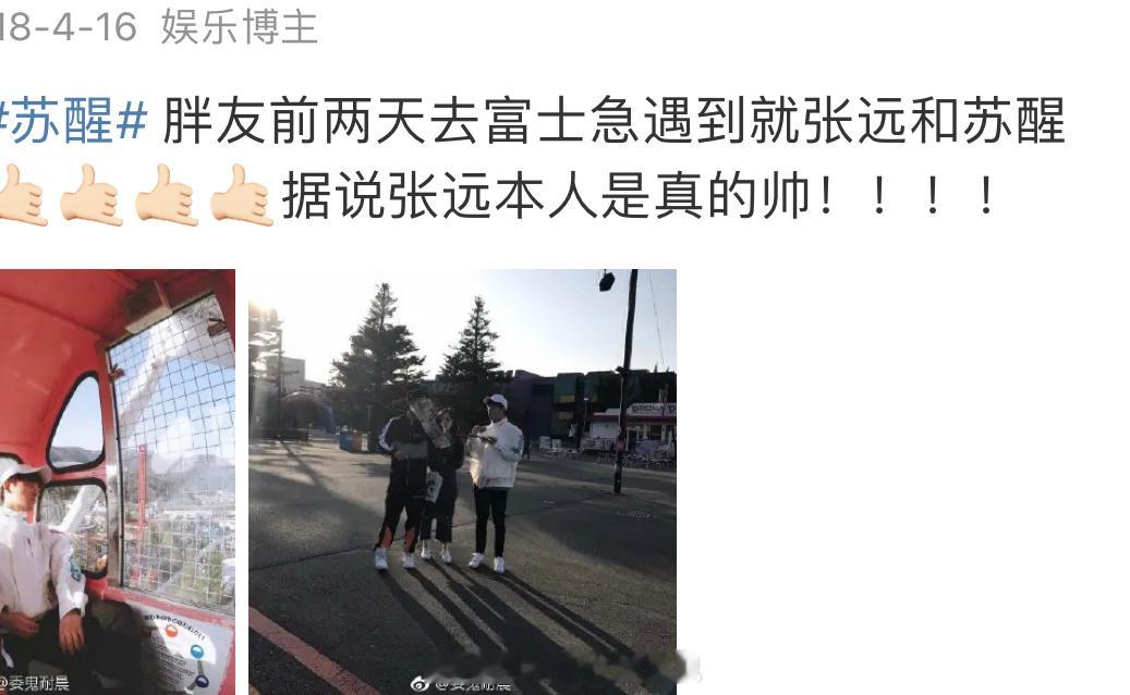#苏醒廖语辰首次公开合照#[努力]18年富士急偶遇张远苏醒，旁边的是苏醒老婆吗？